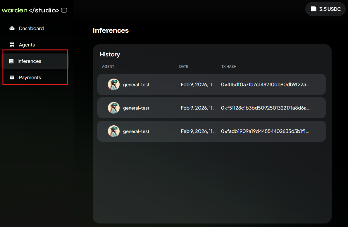 View inferences and payments in Warden Studio